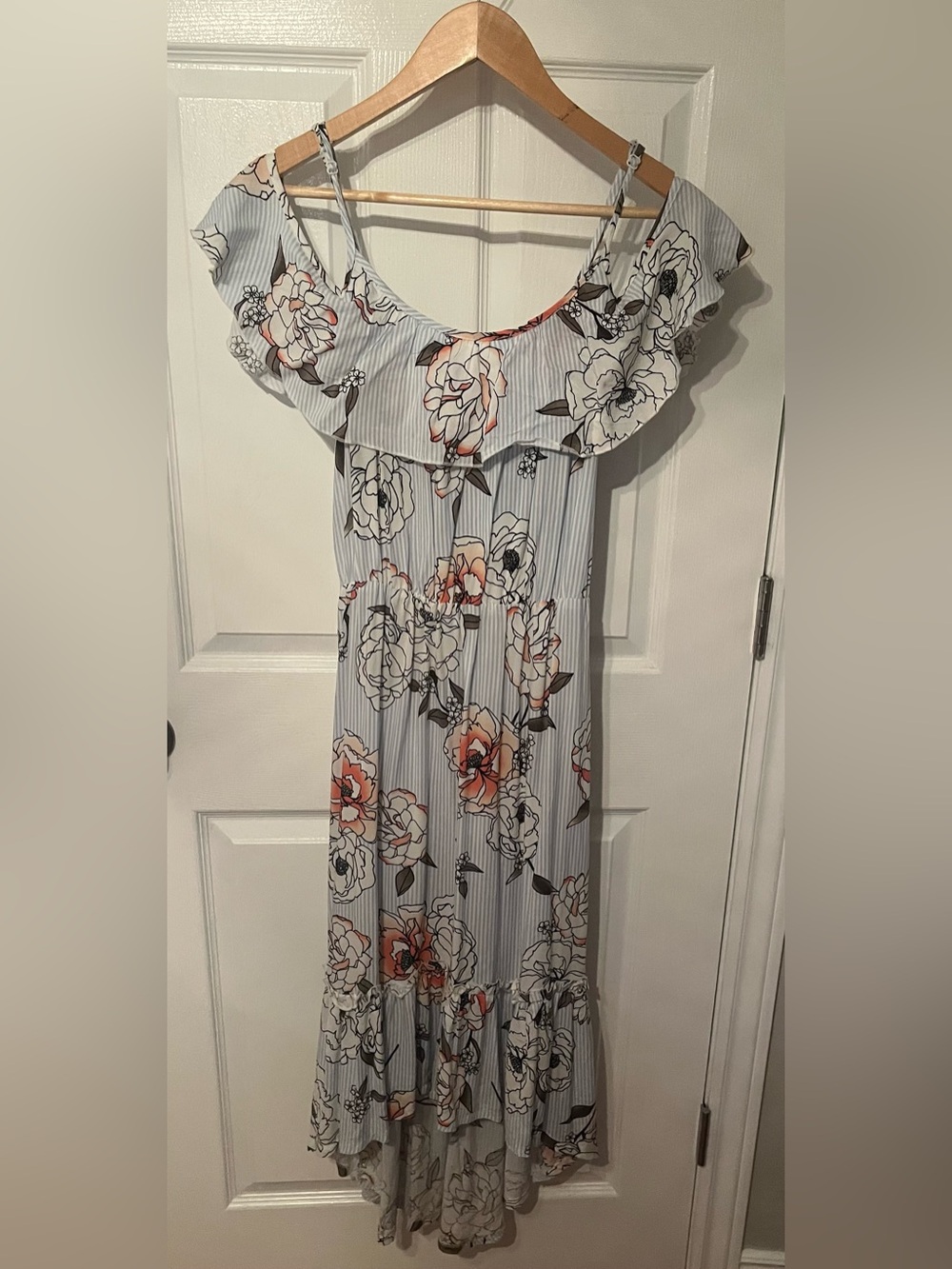 No Comment Floral Off Shoulder High Low Midi Dress Blue White Size Medium